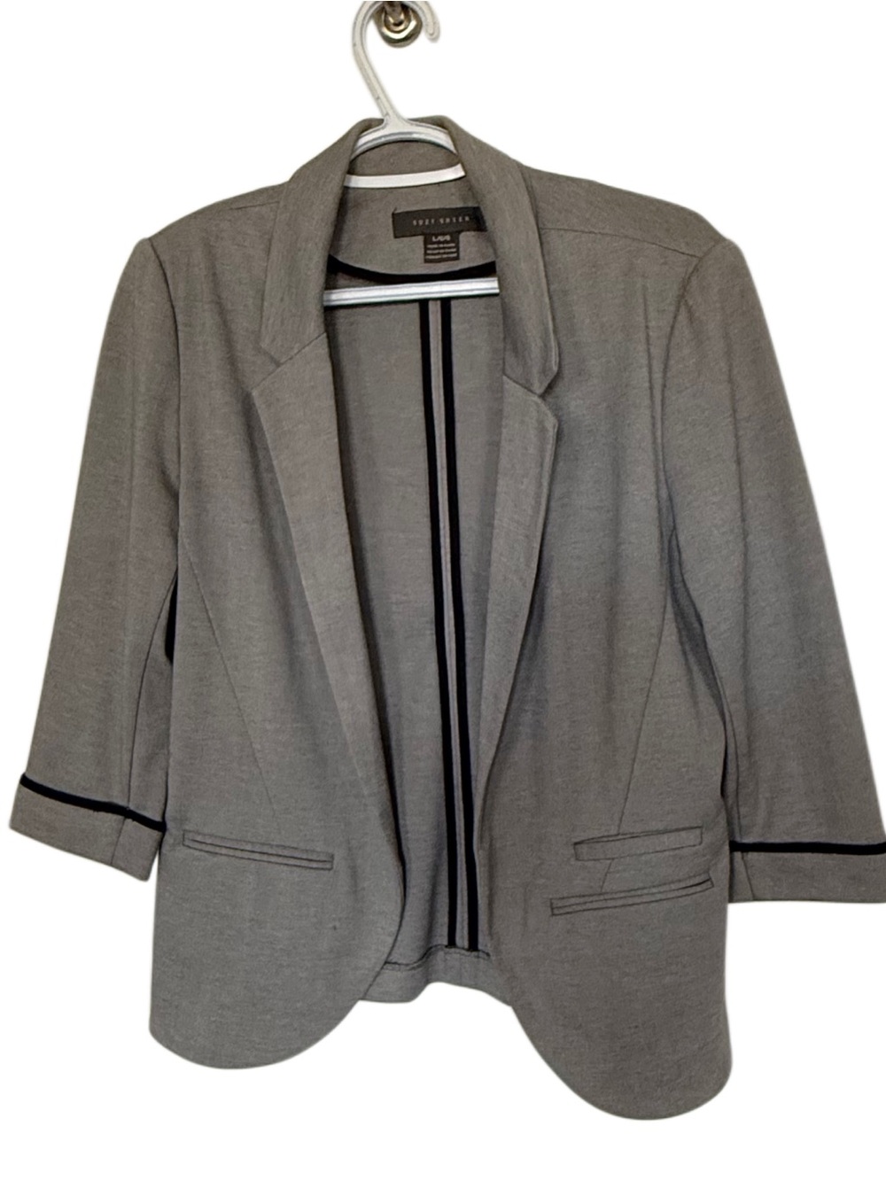 Suzy Shier Gray Open-Front Blazer with Black Trim